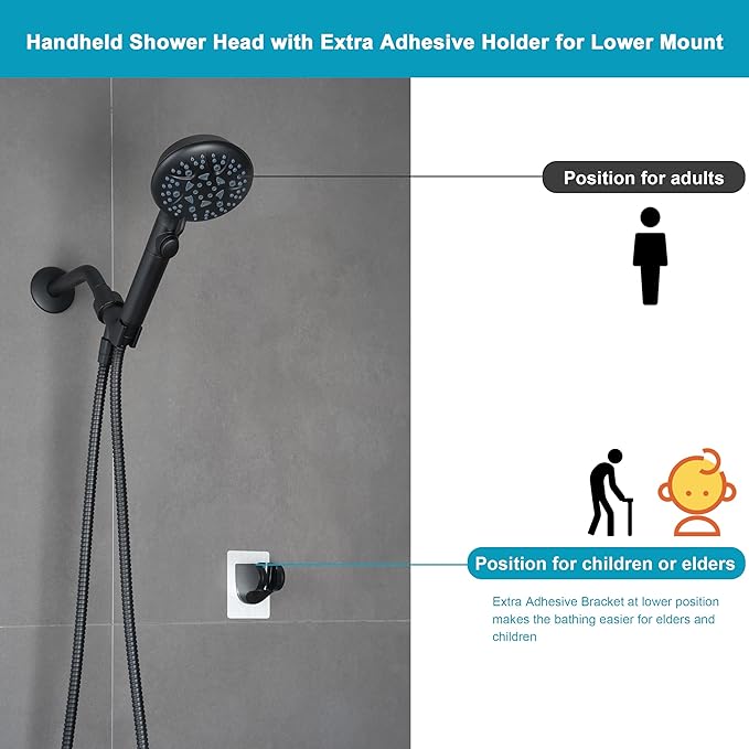 High Pressure 8-mode Handheld Shower Head with On Off Switch and Long Hose & Bracket PLUS Extra Adhesive Holder for Lower Mount,Built-in Power Wash to Clean Tub,Tile & Pets,Black
