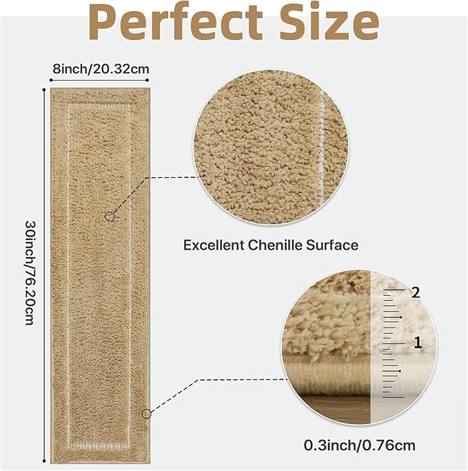 Non Slip Microfiber Stair Treads for Wooden Steps, 15PCS 8"x30" Indoor Safety Carpet, 3D Cut & Loop Tufted Edging Mats with TPE Adhesive Backing, Pet & Elderly Friendly Stair Rugs (Tan Border)
