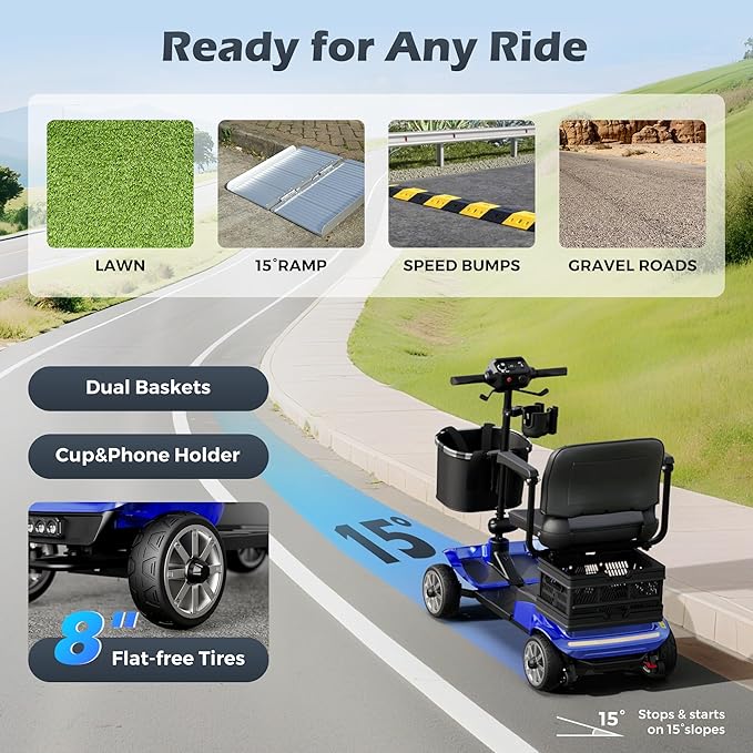 Foldable 4-Wheel Mobility Scooter for Adults – Portable Motorized Scooter with 330 lbs Capacity, Detachable Battery, Dual Baskets, Cup & Phone Holder, Blue