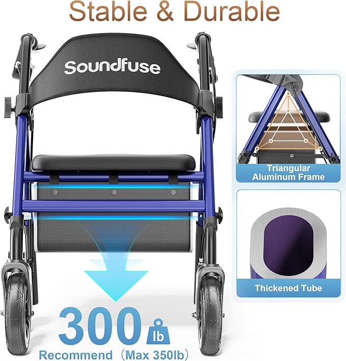 SOUNDFUSE Rollator Walkers for Seniors with Seat, Foldable Lightweight Rolling Walker with 8" Big PU Wheels, Ergonomic Seat, Dual Height Adjustment
