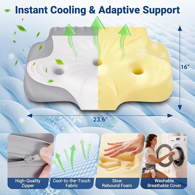 kingotto Cervical Neck Pillow for Pain Relief - Dual Height Adjustable & Ear Relief Design, Ergonomic Memory Foam Contour Pillow with Cooling Pillowcase, Side Sleeper for Back & Stomach Sleepers