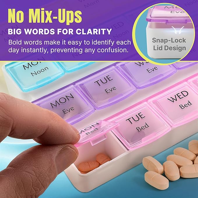 Weekly Pill Organizer - 4-Times-a-Day Pill Planner Pill Box Separates Pills & Vitamins with Daily Morning, Noon, Evening & Night Compartments, Travel Medication Reminder Monday to Sunday