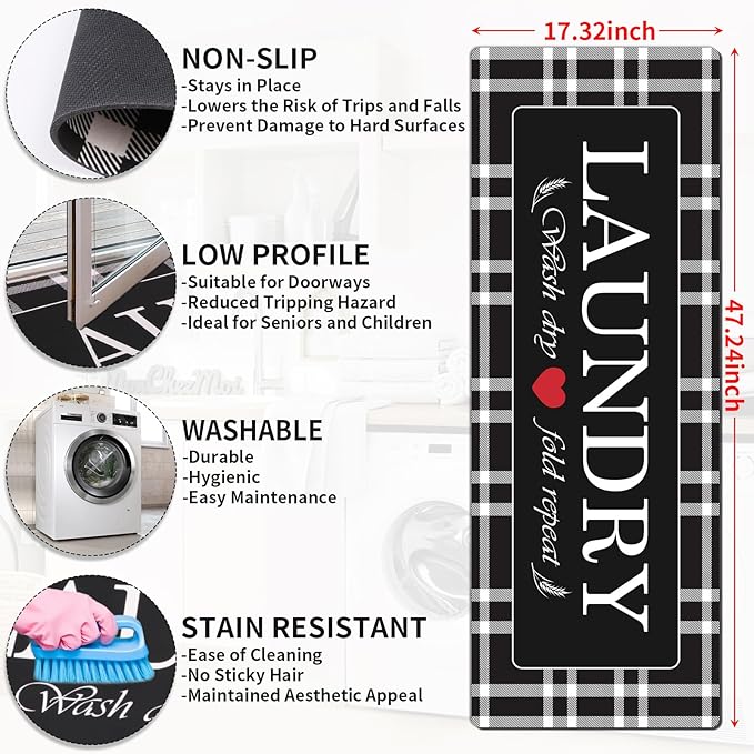 XLHOMO Laundry Room Rug Runner, 17"x47" Buffalo Plaid Non Slip Black Laundry Rugs, Farmhouse Washable Floor Laundry Mats for Laundry Room, Mudroom, Kitchen, Washroom, Bathroom, Entryway Rugs Decor