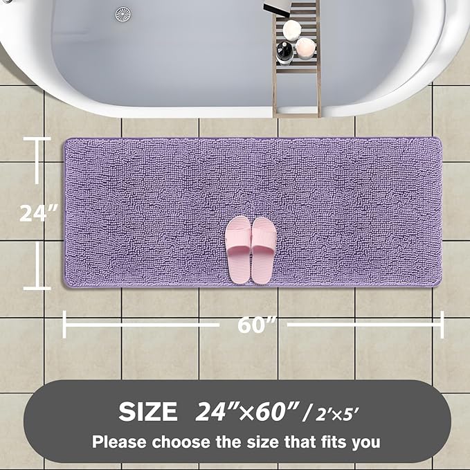 Bathroom Runner Rug 24 x 60 Inch – Extra Large Long Bath Mat | Absorbent and Washable Thick Chenille Bath Rug Non-Slip Runner Rug for Bathroom, Shower, Sink(Lavender)