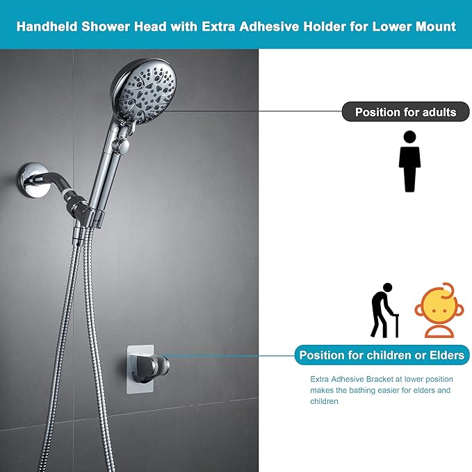 Handheld Shower Head with ON/OFF Switch,Detachable 8 Mode High Pressure Shower Wand with Long Hose and Bracket PLUS Extra Adhesive Holder for Lower Mount,Built-in Power Wash to Clean Tub,Silve