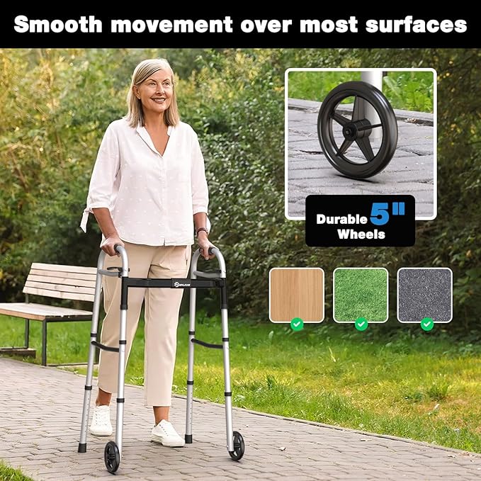 Whlicks Folding Walkers for Seniors,Aluminum Lightweight Walkers with Wheels, Adjustable Width and Height Front Wheel Walker for Elderly and Disabled, Supports up to 350 lbs