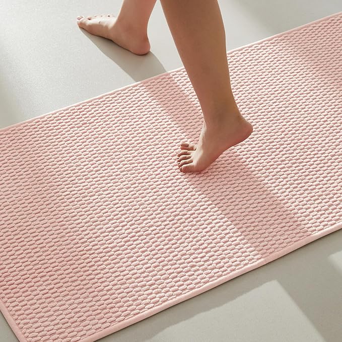 TYUU Bathroom Rugs Non Slip Washable, Super Absorbent Thin Bath Mat Quick Dry Low Pile Bathroom Rug, Pink 20"x48"