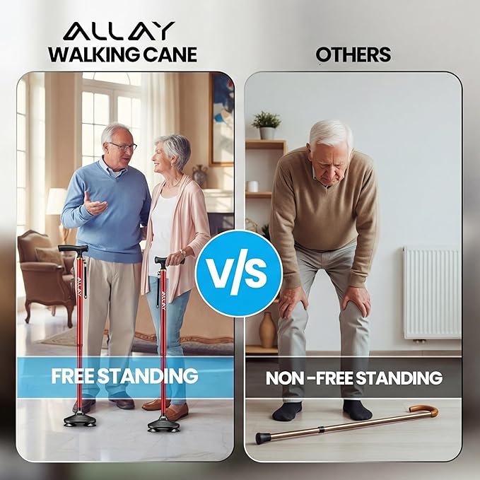 Allay Walking Canes for Men & Women - Adjustable Canes for Women for Stability, Self Standing Wide Quad Pivot Base, Light Weight, Soft Handle Grip and Travel Bag, Walking Sticks for Seniors & Adults