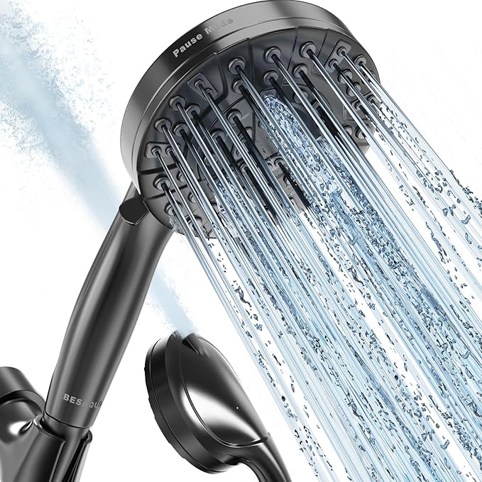 BESAQUO Shower Head,10 Functions High Pressure shower head with handheld, Built-in Pause Mode & Power Wash, Non-Clogging Nozzles High Flow Hand Held Shower Head, Leakproof 6ft Hose&Adjustable Bracket