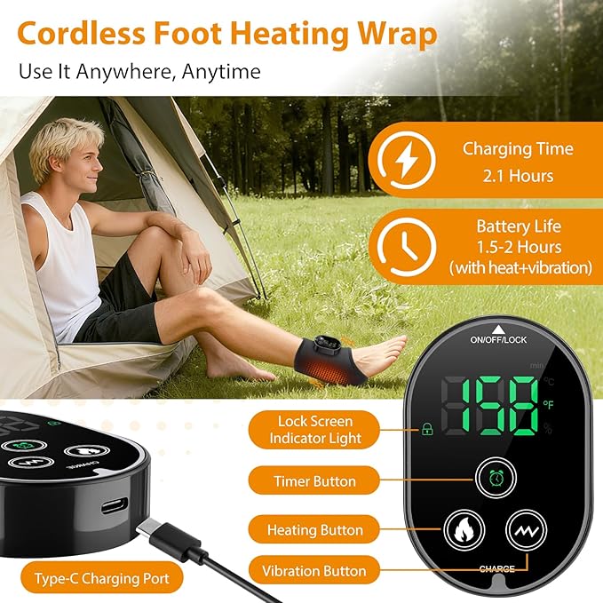 Cordless Ankle Massager with Heat, Neuropathy Foot Massager Ankle Heating Pad Wrap for Pain Relief 6 Heats 3 Vibrations, Timer & Auto Shut Off