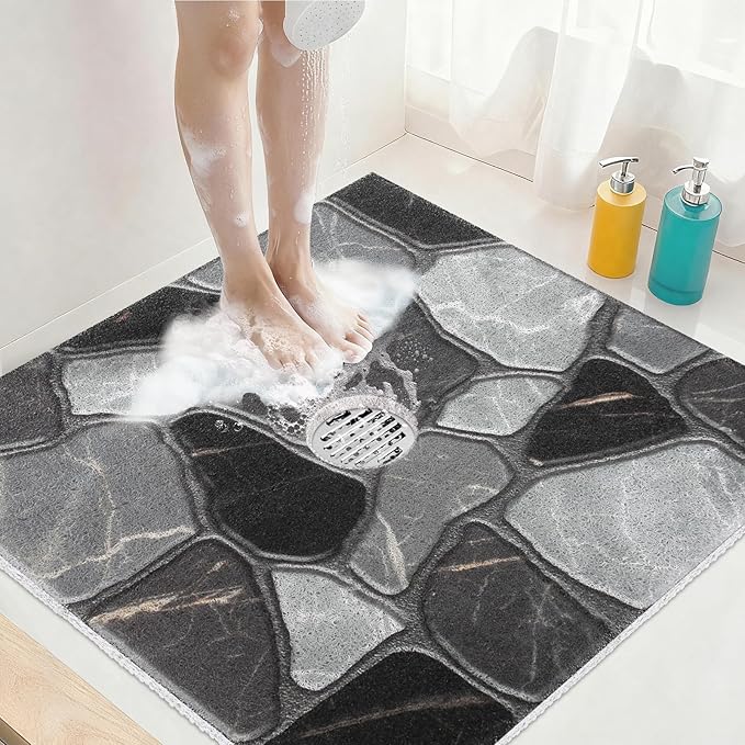 Square Shower Mat Non Slip: 24x24 Inch Extra Large Shower Mats for Inside Shower, Anti Slip Shower Floor Mat, Loofah Shower Stall Mats for Elderly, Non Slip Shower Mat with Drain Hole in Middle