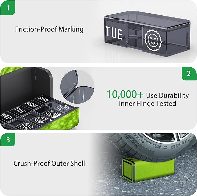 Pill Organizer 7 Day AM PM, Discreet 2 Times a Day Weekly Pill Box with Double Protection Shell, Large Capacity Portable Vitamin Case for Travel Meds & Medicine Organizer (Green)