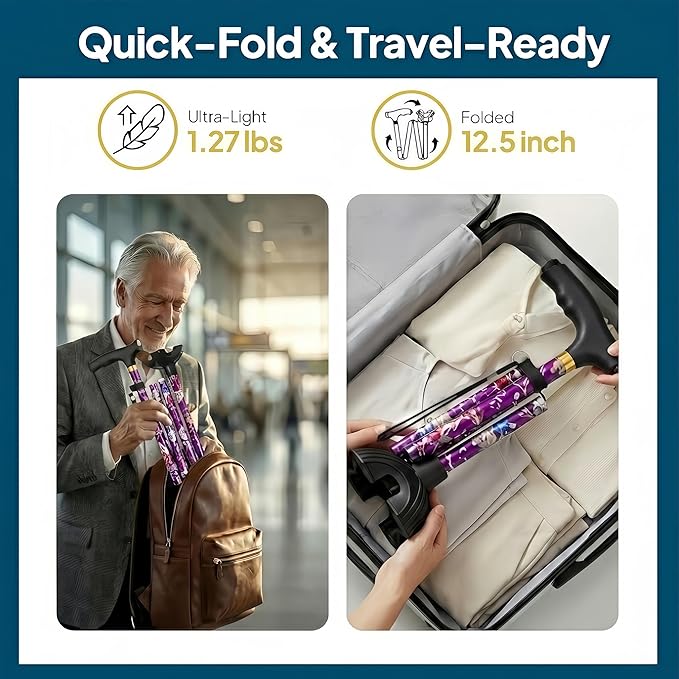 Walking Cane with LED Light, Foldable,Adjustable, Self Standing Walking Canes for Men & Women,Walking Sticks with Quad Base for Seniors & Adults