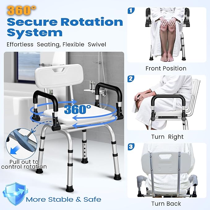 Swivel Shower Chair, 360° Rotating Adjustable Shower Seat with Pivoting Arms & Padded Seat, Heavy Duty 400 lbs Bath Chair for Elderly and Disabled in Shower Stall & Bathtub