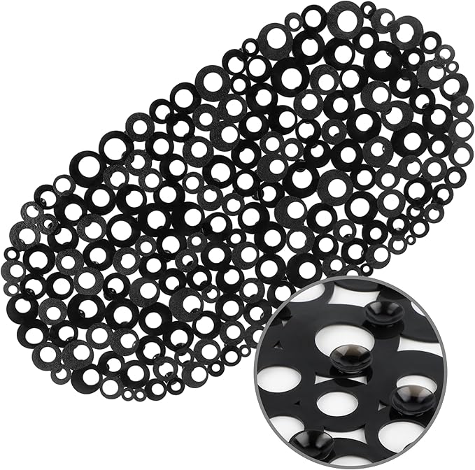 WELTRXE Oval Bathtub Mat Non Slip, Black Bubbles Bath Mats for Tub, Shower Mat with Drain Holes, Suction Cups, Machine Washable Bath Tub Mat, BPA, Latex, Phthalate Free for Bathroom, 27 x 14 Inch