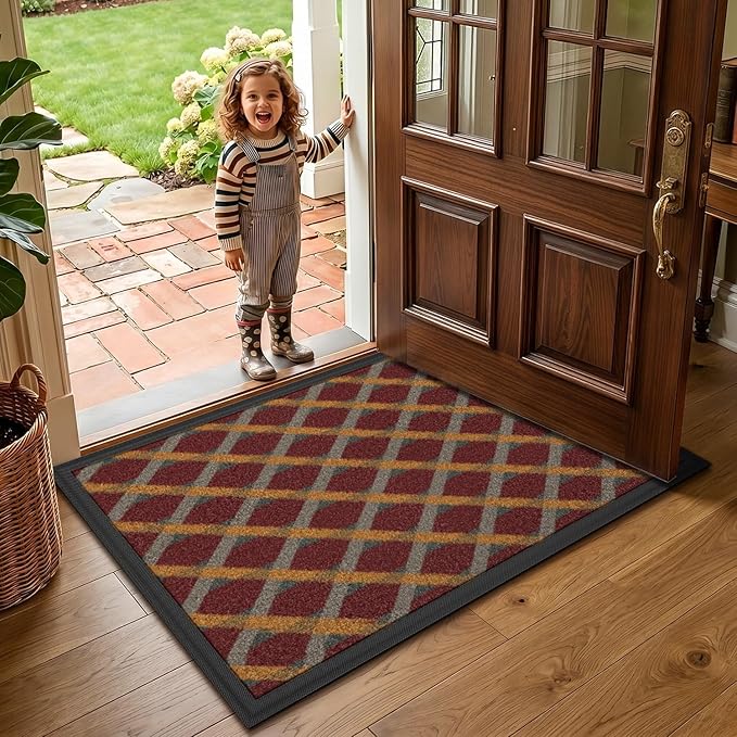LUMI Front Door Mat 24x36, Low-Profile Non-Slip Welcome Mat for Indoor Outdoor, Stain & Fade Resistant Geometric Door Mat for Entryway Patio Porch, Weave-Rust