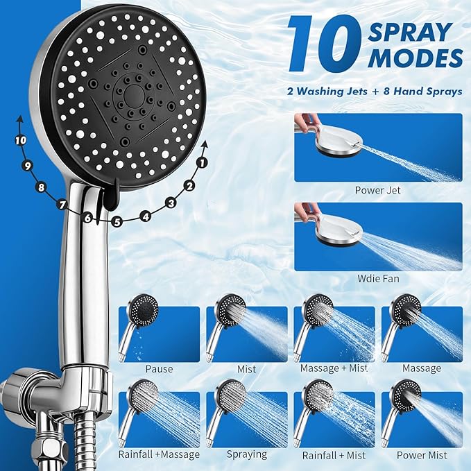 Handheld Shower Head with Hose, 10-Mode High Pressure Rainfall Showerhead with Filter & Extra Long 79” Hose, Adjustable Height Hand Held Shower Sprayer with Adhesive Shower Head Holder