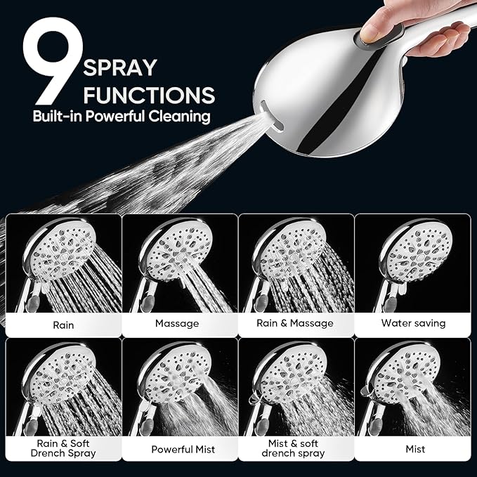 Cobbe 9-Function Shower Head with Built-in Power Spray, 1.8 GPM Water Saving ON/OFF Toggle Switch, High Pressure Handheld Showerhead with 1-Click Pause Button, Brass Bracket & 6ft Hose, Chrome