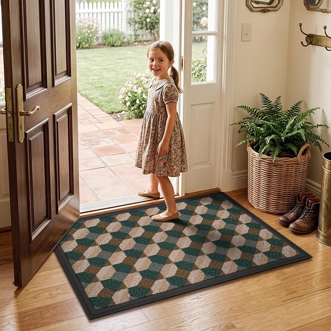 LUMI Front Door Mat 24x36, Low-Profile Non-Slip Welcome Mat for Indoor Outdoor, Stain & Fade Resistant Geometric Door Mat for Entryway Patio Porch, Geo-Olive