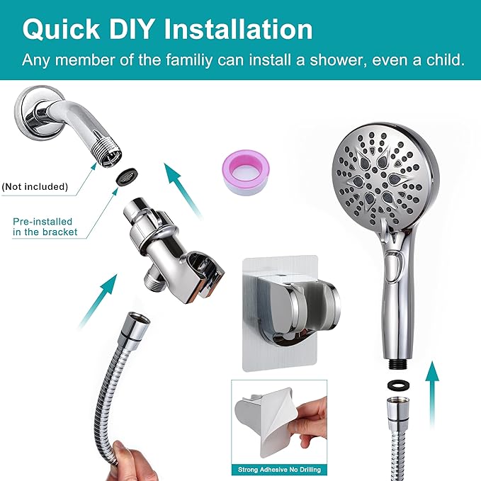 GwernKB Handheld Shower Head with on off Switch&Built-in Power Spray,7-Setting High Pressure Spray Shower Wand with 79in Long Hose&Bracket and Extra Adhesive Shower Holder for Lower Mount,Chrome
