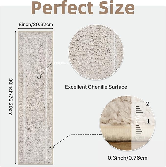Non Slip Microfiber Stair Treads for Wooden Steps, 15PCS 8"x30" Indoor Safety Carpet, 3D Cut & Loop Tufted Edging Mats with TPE Adhesive Backing, Pet & Elderly Friendly Stair Rugs (Beige Border)