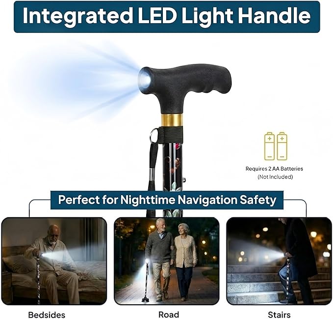 Walking Cane with LED Light, Foldable,Adjustable, Self Standing Walking Canes for Men & Women,Walking Sticks with Quad Base for Seniors & Adults