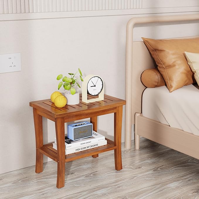 Large Teak Wood Shower Bench Stool with Storage Shelf Wooden Teak Bench for Shower Seat Chair for Inside Shower Waterproof Teakwood Shower Bench Bathroom Spa Bathing Shower Stool with Non-Slip Feet