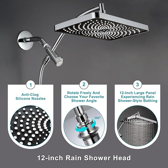 GwernKB Rain Shower Heads with Handheld Spray Combo,Fixed Showerhead&8-Mode Handheld Shower Head with 79 Inches Extra-long Stainless Steel Hose and Low-Reach Adhesive Wall Mount for Elderly