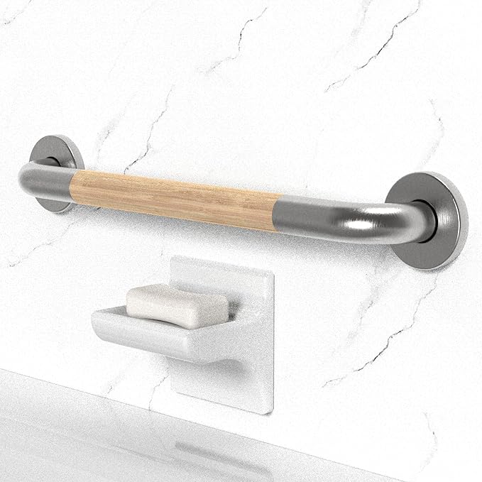Safety Grab Bar for Bathroom & Toilet, Natural Bamboo Handle, ADA Compliant Balance Assist Handrail for Handicap and Seniors, 18in Brushed Nickel