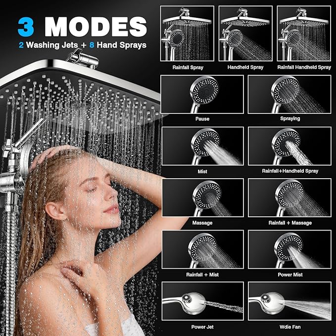 Rainfall Shower Head With Handheld Combo, Adjustable Drivse Filtered Shower Heads with Handheld Spray Combo, One-piece High Pressure, Built-in Magnetic Docking and Power Jets