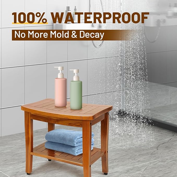 20" Premium Teak Shower Bench with Shelf & Handle, Solid Teak Shower Stool, Durable Wooden Waterproof Seat for Inside Shower, Teak Wood Bench for Bathroom, Indoor & Outdoor Use