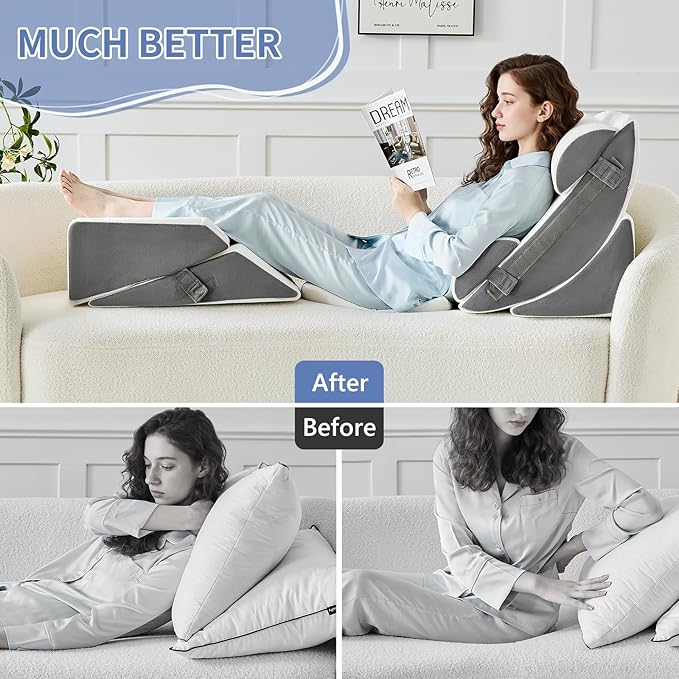 Yojoker 9PCS Orthopedic Bed Wedge Pillow Set for Sleeping, Back and Leg Pain Relief, Post Surgery Foam Pillow for Body, Triangle Adjustable Support Pillow - Acid Reflux Sleeping Pillows Grey