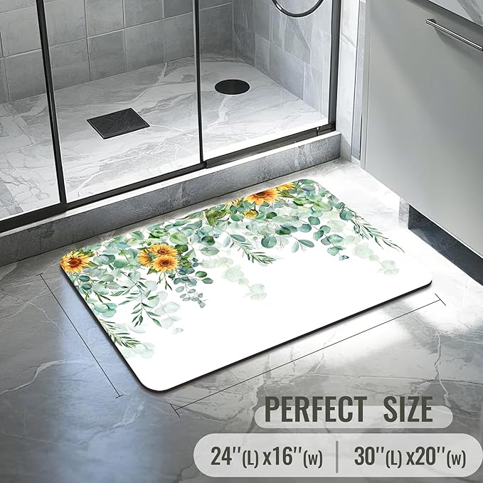 Quick Dry Bath Mat for Bathroom,Super Absorbent Green Eucalyptus Leaves Bath Rug Non-Slip Rubber Backing,Machine Washable Bathroom Floor Mat for Shower, Tub, Sink Area Sunflower Watercolor 30x20