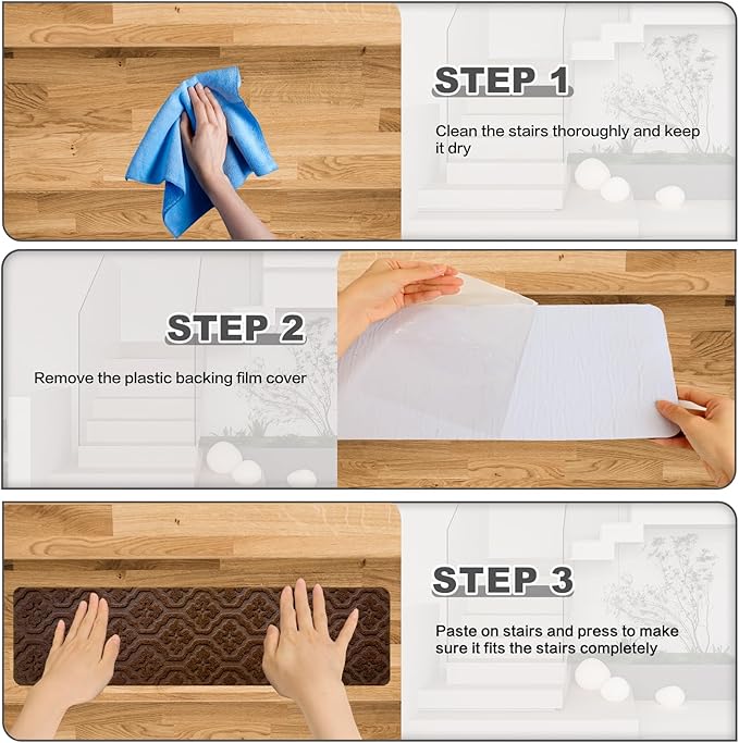 Rubber Non Slip Stair Treads for Wooden Steps Indoor, Reusable Stair Rugs for Elders Kids and Dogs, Machine Washable 8" X 30" (15-Pack)-Petal Brown