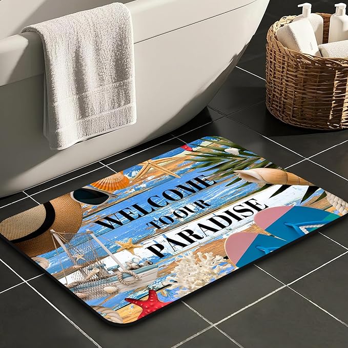 Quick Dry Bath Mat for Bathroom,Super Absorbent Beach Welcome Bath Rug Non-Slip Rubber Backing,Machine Washable Bathroom Floor Mat for Shower, Tub, Sink Area Wooden Board Ocean Blue 16x24