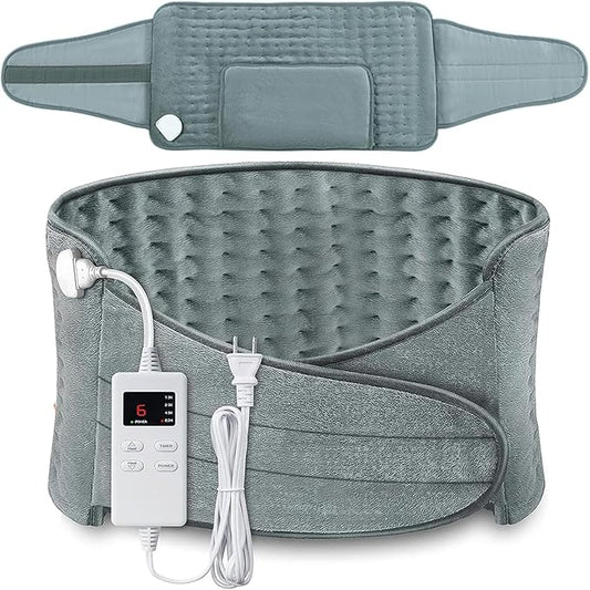 Heating Pad Back Pain Relief Electric Heating Pad for Period Cramps Lower Back Neck Shoulders Pain Relief 6-Hour Auto Off 12x24 Heated Pad + 20" Belt 4 Timer 6 Heat Level Wrap (Gray)