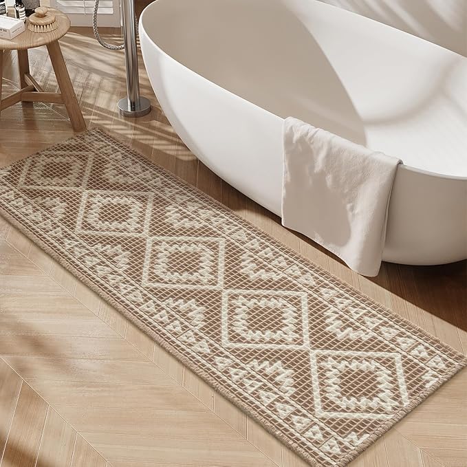 PADOOR-Waffle Bathroom Runner 24"x48", Super Absorbent Bath Mats for Bathroom, Machine Washable Non Slip Bath Rug with Tassels, Soft Bath Mat for Laundry Room, Bedroom, Brown & Cream, 2'x 4'