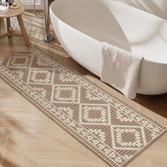 PADOOR-Waffle Bathroom Runner 24"x48", Super Absorbent Bath Mats for Bathroom, Machine Washable Non Slip Bath Rug with Tassels, Soft Bath Mat for Laundry Room, Bedroom, Brown & Cream, 2'x 4'