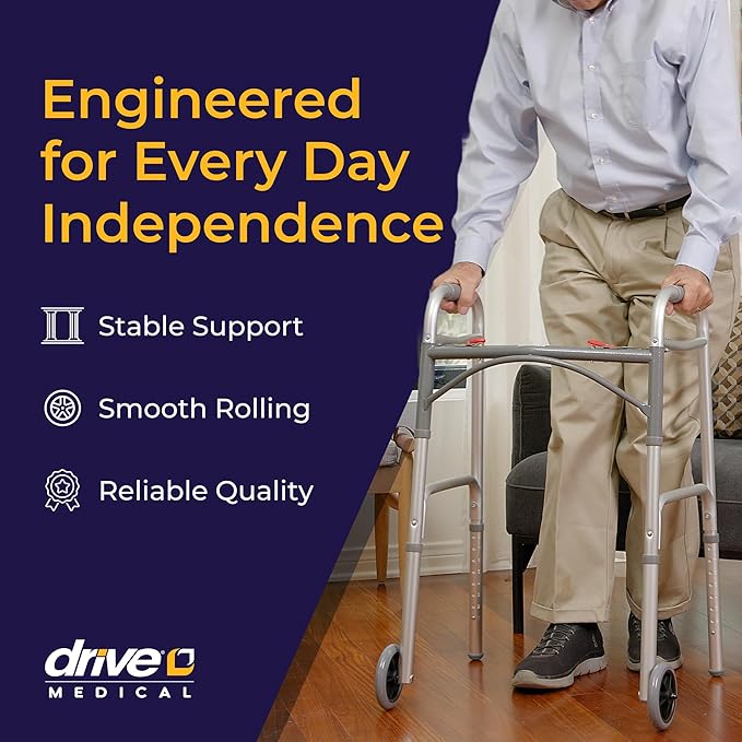 Drive Medical Two-Button Folding Walker With Wheels - Lightweight Rolling Mobility Support - Adjustable Height - Dual Push-Button Operation - 5 Inch Front Wheels - Durable Aluminum - Silver