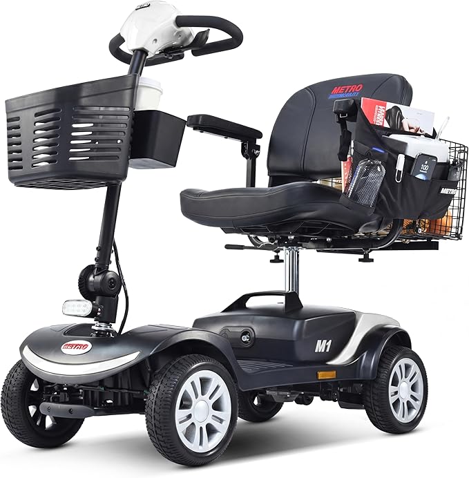 Metro Mobility 4 Wheel Electric Mobility Scooters for Adults - 300 lbs Capacity Folding Mobility Scooter for Seniors, Travel - Long Range Power Extended Battery & Easy Disassembly - White