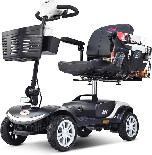 Metro Mobility 4 Wheel Electric Mobility Scooters for Adults - 300 lbs Capacity Folding Mobility Scooter for Seniors, Travel - Long Range Power Extended Battery & Easy Disassembly - White