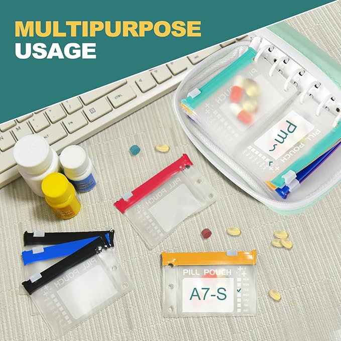 Timueetech A7 Waterproof Pill Organizer with 14 S Zippered Pill Pouches for A7 Binder, Small BPA-Free Weekly Medicine Organizer, Color-Coded Reusable Travel Pill Storage System