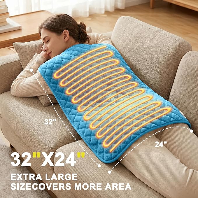 Extra Large Heating Pad for Back Pain 32"x24" King Size XL Electric Heating Pad for Period Cramps Relief & Body Neck Shoulder Auto Shut Off Heat Pad Temperature Settings Machine Washable Blue
