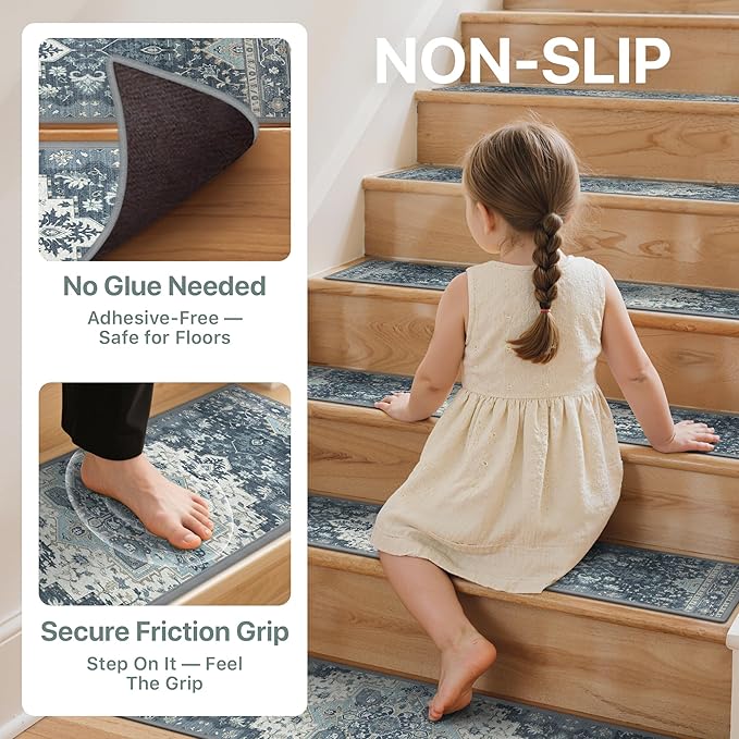 Non Slip Stair Treads for Wooden Steps 15PCS - 8"x30" Indoor Safety Carpet, Edging Mats with TPE Adhesive Backing, Pet and Elderly Friendly Stair Rugs (Navy)