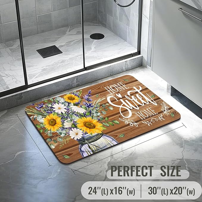 Quick Dry Bath Mat for Bathroom,Super Absorbent Sunflower Welcome Bath Rug Non-Slip Rubber,Machine Washable Bathroom Floor Mat for Shower, Tub, Sink Area Sweet Home Wooden 16x24
