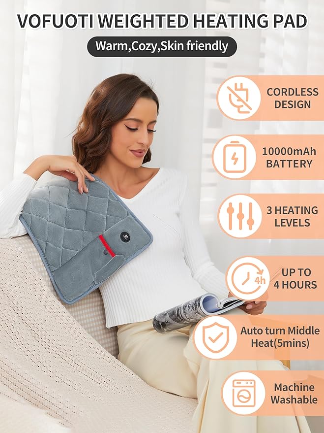 Vofuoti Portable Heating Pad, Cordless Weighted Heating Pads with 10000mAh Battery and 3 Heat Settings, Electric Heated Pad for for Back, Abdomen, Neck & Shoulder, 12" x 24"