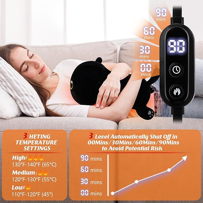 Electric Heating Pad for Period Cramps, Cuddly Kawaii 14'' Black Cat Plush with a Hot Soft Belly USB Powered, Menstrual Heating Pad Neck Shoulder Pain Relief, Gift for Daughter Wife Period Heating Pad