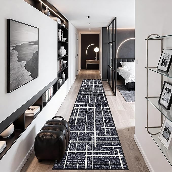 Modern Stripe Hallway Runner Rug Non Slip, Washable 2x10 Runner Rug, Woven Thin Low Pile Carpet Runners for Hallway 10ft Entryway, Kitchen, Walkway -Midnight Black