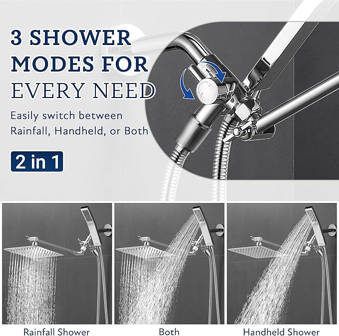 G-Promise All Metal 8 Inch Dual Square Shower Head with Handheld Spray Combo, Rain Shower Head, Adjustable Extension Arm, Smooth 3-Way Diverter, 71 Inch Extra Long Hose - A Bathroom Upgrade (Chrome)