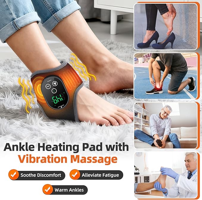 Cordless Ankle Heating Pad, Foot and Ankle Massager for Pain Relief, Rechargeable Heated Ankle Wrap with 4 Heats, 2 Vibrations, 3 Timers, Gifts for Women Men (Black)